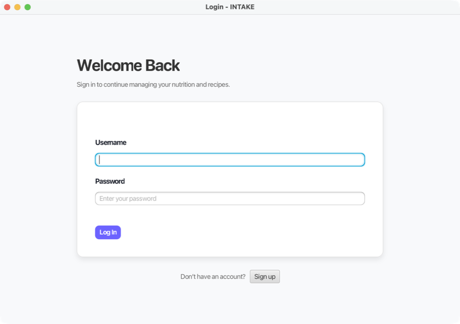 INTAKE login screen