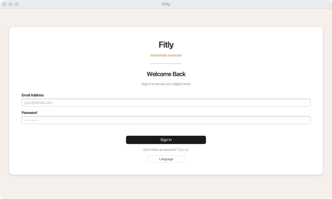 Fitly login screen